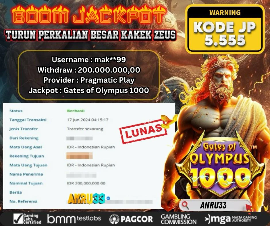 ANRU33 JACKPOT SLOT  GATES OF OLYMPUS 1000 1000 Rp.200.000.000,- DIBAYAR LUNAS