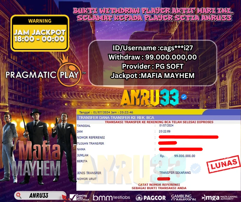 ANRU33 JACKPOT SLOT MAFIA MAYHEM Rp.99.000.000,- DIBAYAR LUNAS