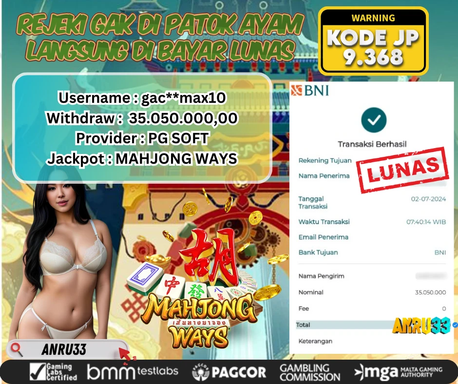 ANRU33 JACKPOT SLOT MAHJONG WAYS Rp.35.050.000,- DIBAYAR LUNAS