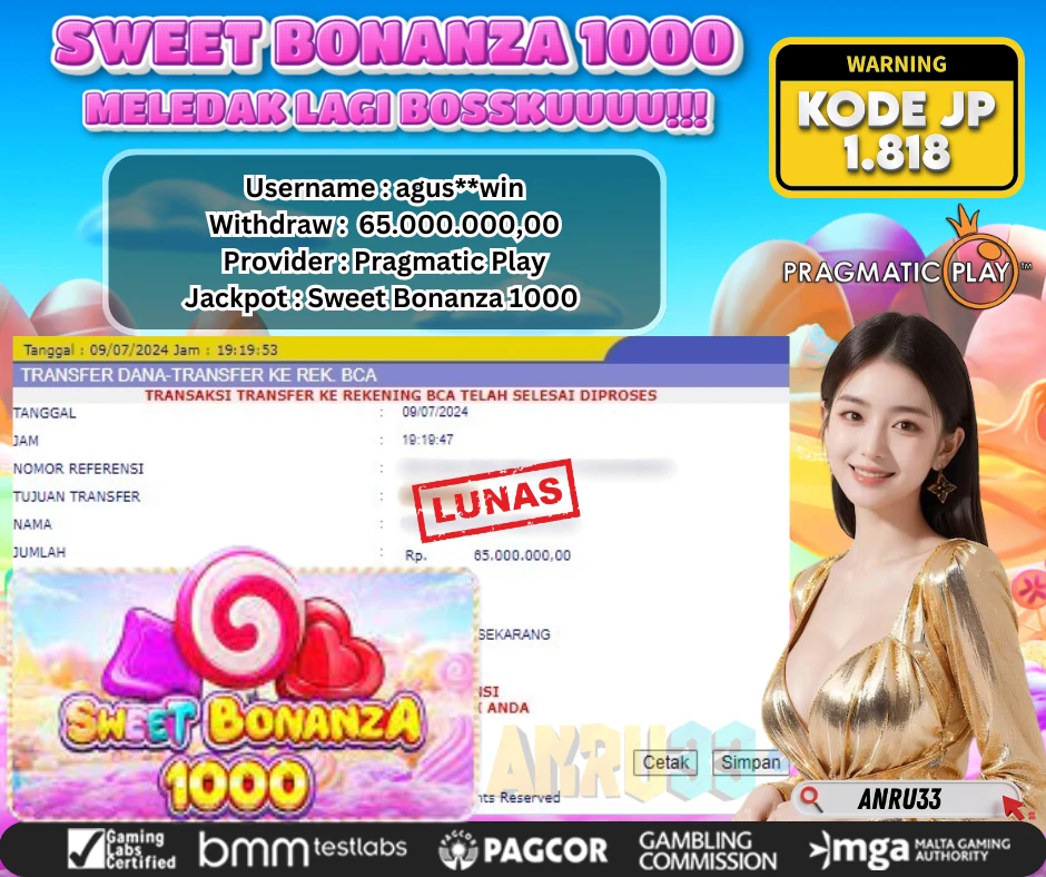 ANRU33 JACKPOT SWEET BONANZA 1000 Rp 65.000.000,00 - DIBAYAR LUNAS