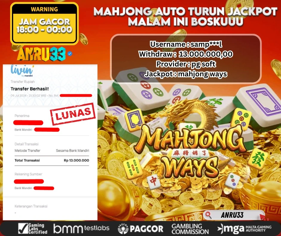 ANRU33 JACKPOT MAHJONG WAYS Rp 13.000.000,00 - DIBAYAR LUNAS