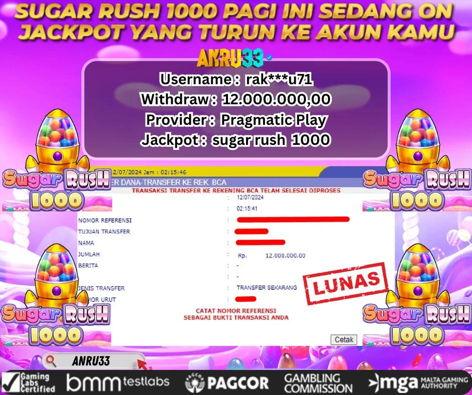 ANRU33 JACKPOT SLOT SUGAR RUSH 1000 Rp.12.000.000,- DIBAYAR LUNAS