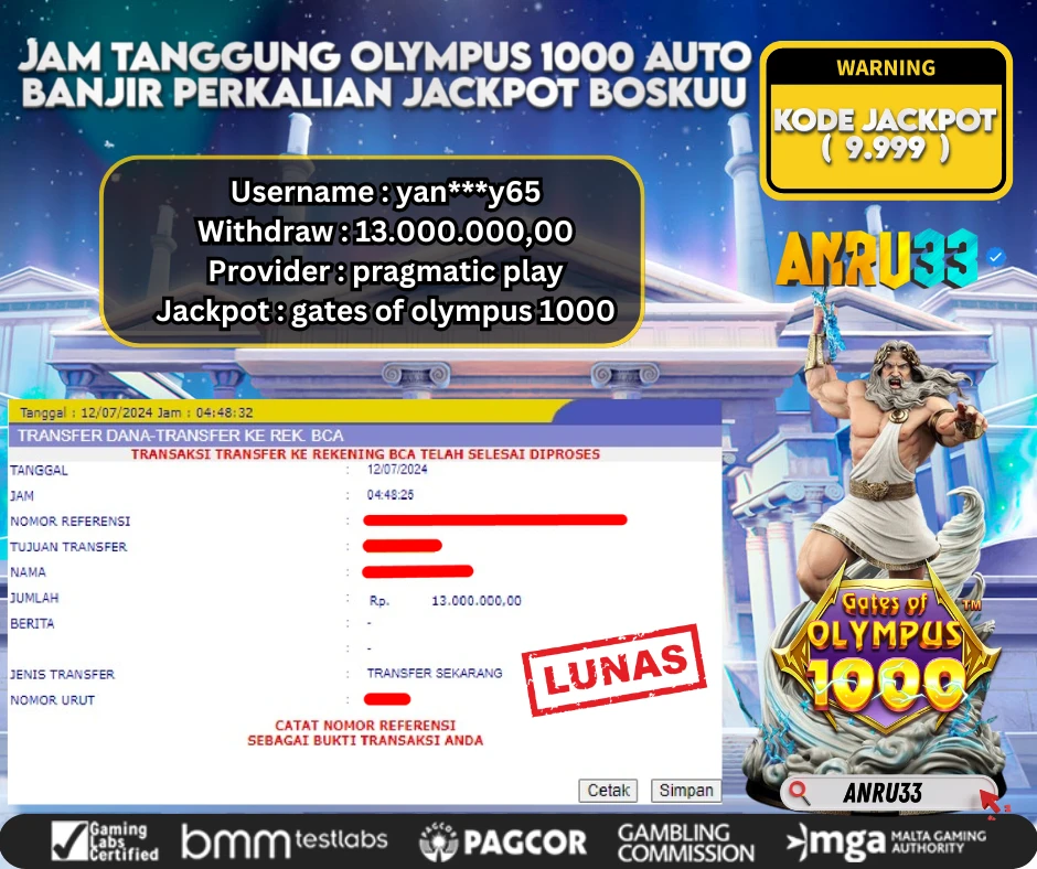 ANRU33 JACKPOT SLOT GATES OF OLYMPUS 1000 Rp.13.000.000,- DIBAYAR LUNAS