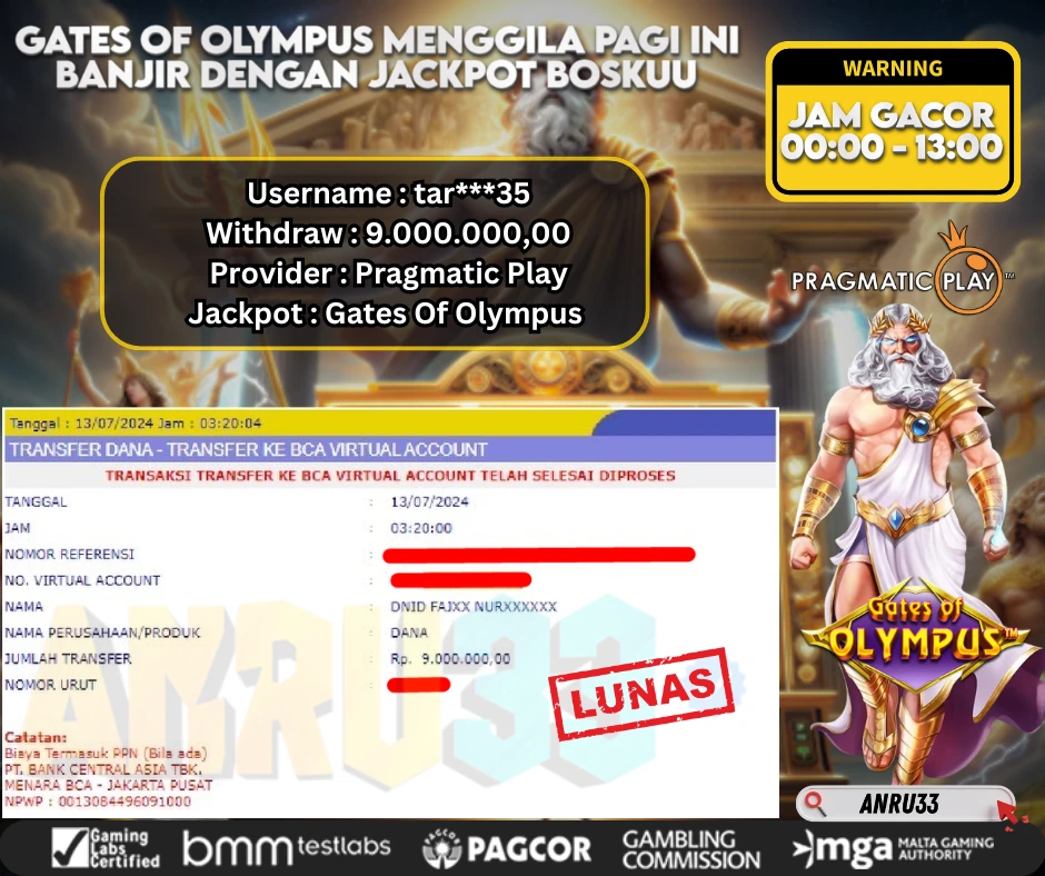 ANRU33 JACKPOT SLOT GATES OF OLYMPUS Rp 9.000.000,- DIBAYAR LUNAS