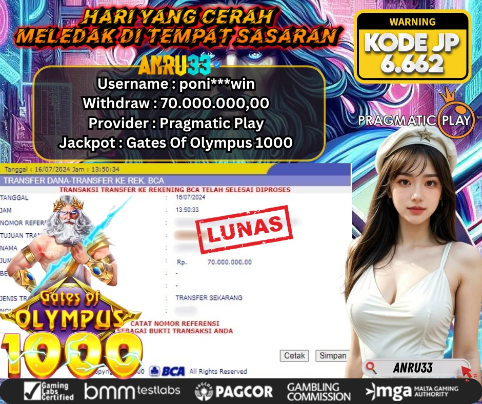 ANRU33 JACKPOT SLOT Gates Of Olympus 1000 Rp 70.000.000,00 - DIBAYAR LUNAS