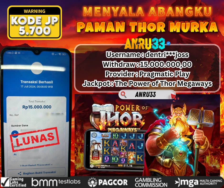 ANRU33 JACKPOT SLOT The Power of Thor Megaways Rp 15.000.000,00 - DIBAYAR LUNAS