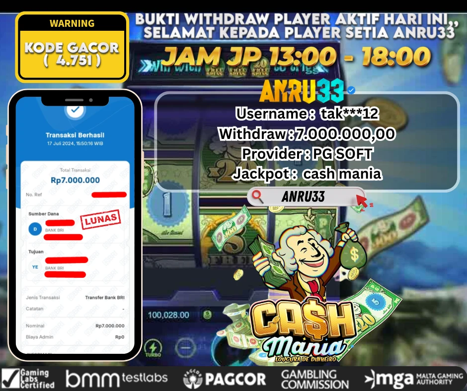 ANRU33 JACKPOT SLOT CASH MANIA Rp. 7.000.000,- DIBAYAR LUNAS