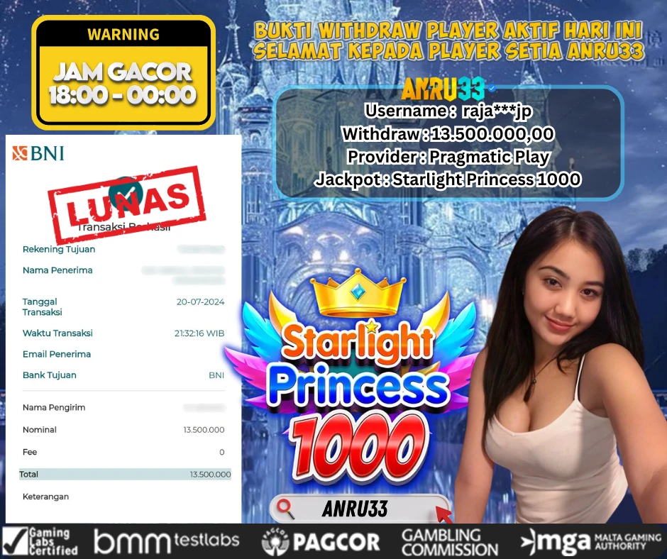 ANRU33 JACKPOT SLOT Starlight Princess 1000 Rp 13.500.000,00 - DIBAYAR LUNAS