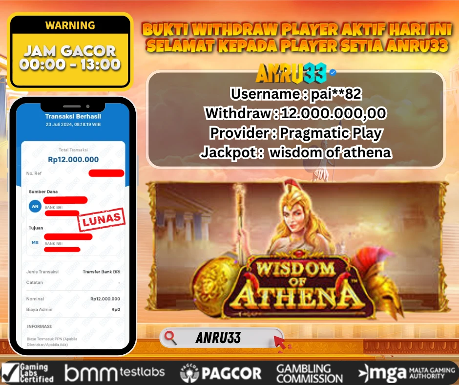 ANRU33 JACKPOT SLOT WISDOM OF ATHENA Rp.12.000.000,- DIBAYAR LUNAS