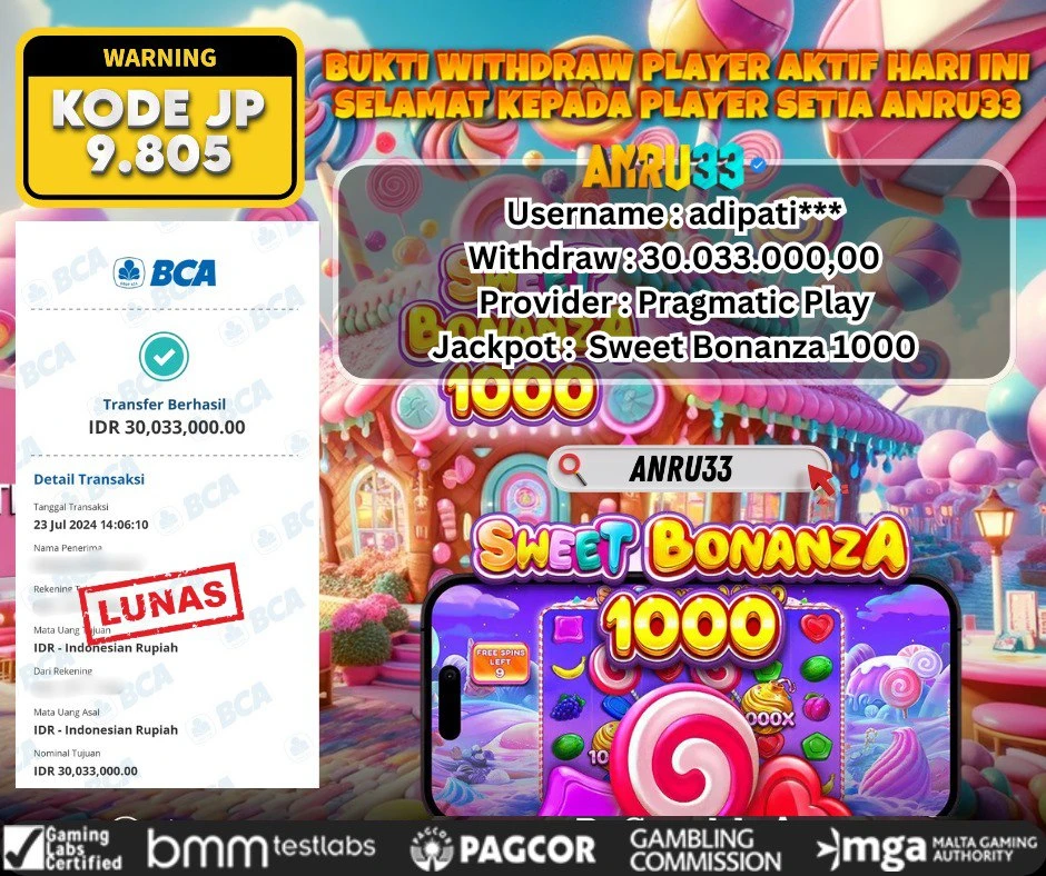 ANRU33 JACKPOT SLOT Sweet Bonanza 1000 Rp 30.033.000,00 - DIBAYAR LUNAS