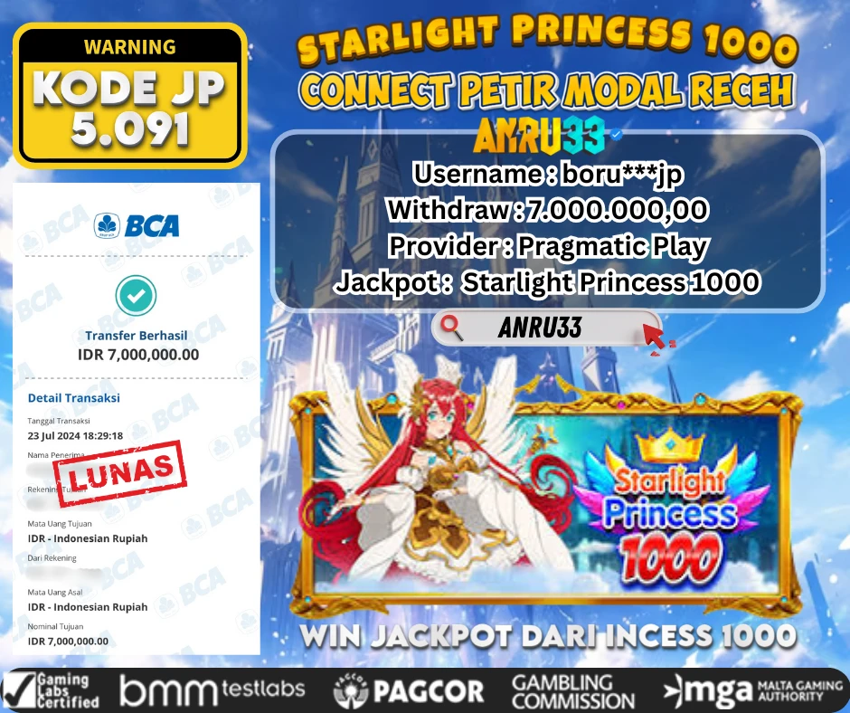 ANRU33 JACKPOT SLOT Starlight Princess 1000 Rp 7.000.000,00 - DIBAYAR LUNAS