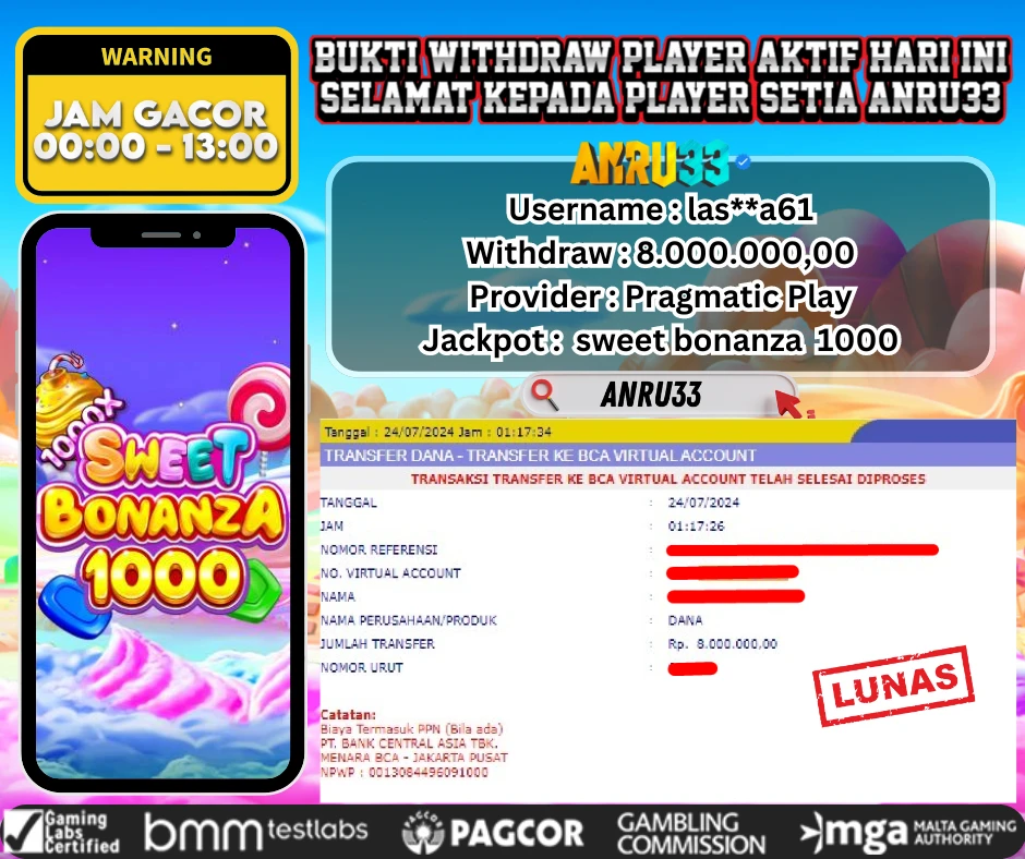 ANRU33 JACKPOT SLOT SWEET BONANZA 1000 Rp.8.000.000,- DIBAYAR LUNAS