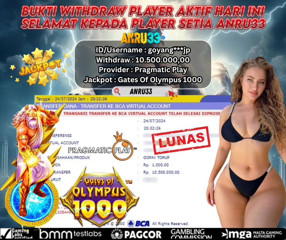 ANRU33 JACKPOT SLOT Gates Of Olympus 1000 Rp 10.500.000,00 - DIBAYAR LUNAS