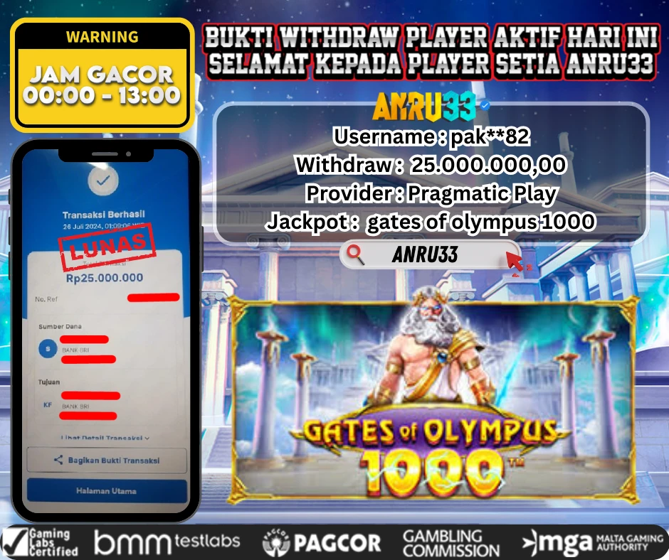 ANRU33 JACKPOT SLOT GATES OF OLYMPUS 1000 Rp.25.000.000,- DIBAYAR LUNAS