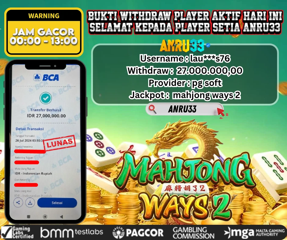 ANRU33 JACKPOT SLOT WILD MAHJONG WAYS 2 Rp.27.000.000,- DIBAYAR LUNAS