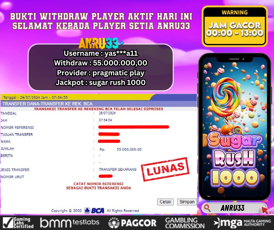 ANRU33 JACKPOT SLOT WILD SUGAR RUSH 1000 Rp.55.000.000,- DIBAYAR LUNAS