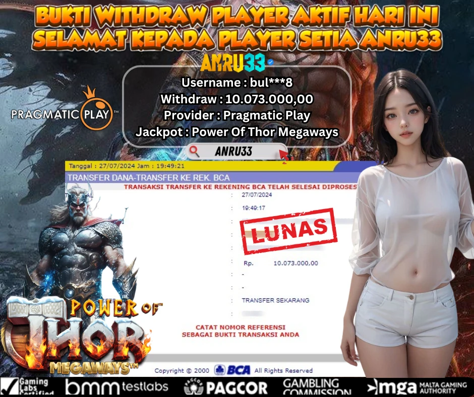 ANRU33 JACKPOT SLOT Power Of Thor Megaways Rp 10.073.000,00- DIBAYAR LUNAS