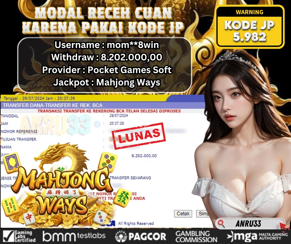 ANRU33 JACKPOT SLOT Mahjong Ways Rp 8.202.000,00 - DIBAYAR LUNAS