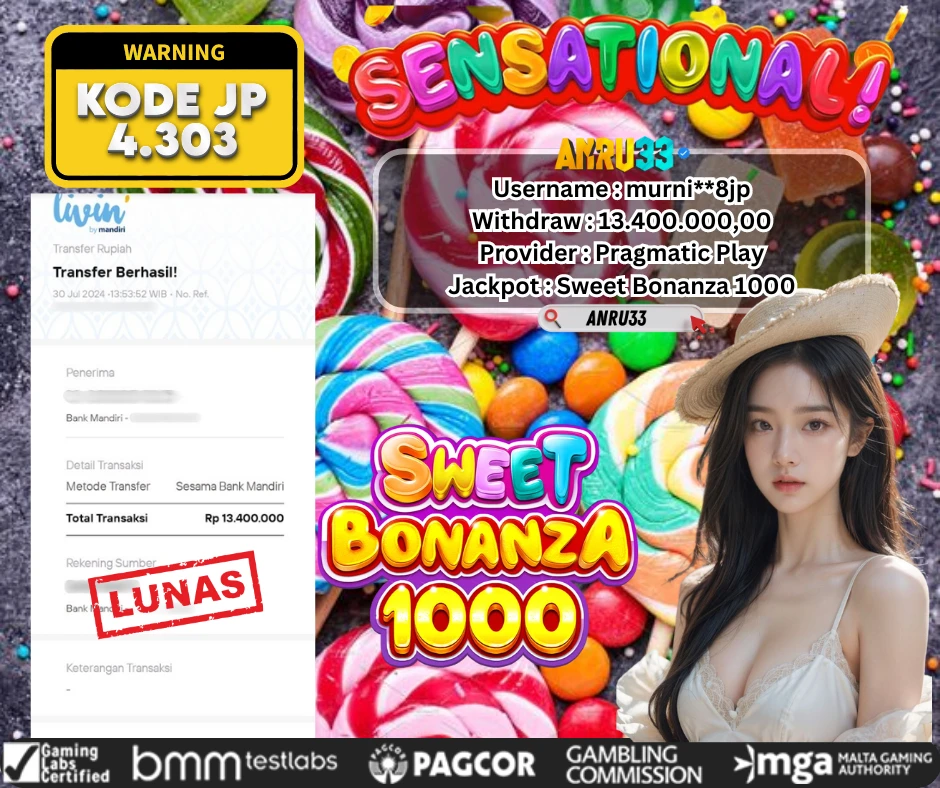 ANRU33 JACKPOT SLOT Sweet Bonanza 1000 Rp 13.400.000,00 - DIBAYAR LUNAS