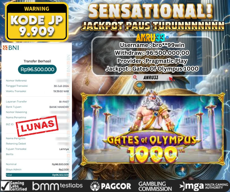 ANRU33 JACKPOT SLOT Gates Of Olympus 1000 Rp 96.500.000,00 - DIBAYAR LUNAS