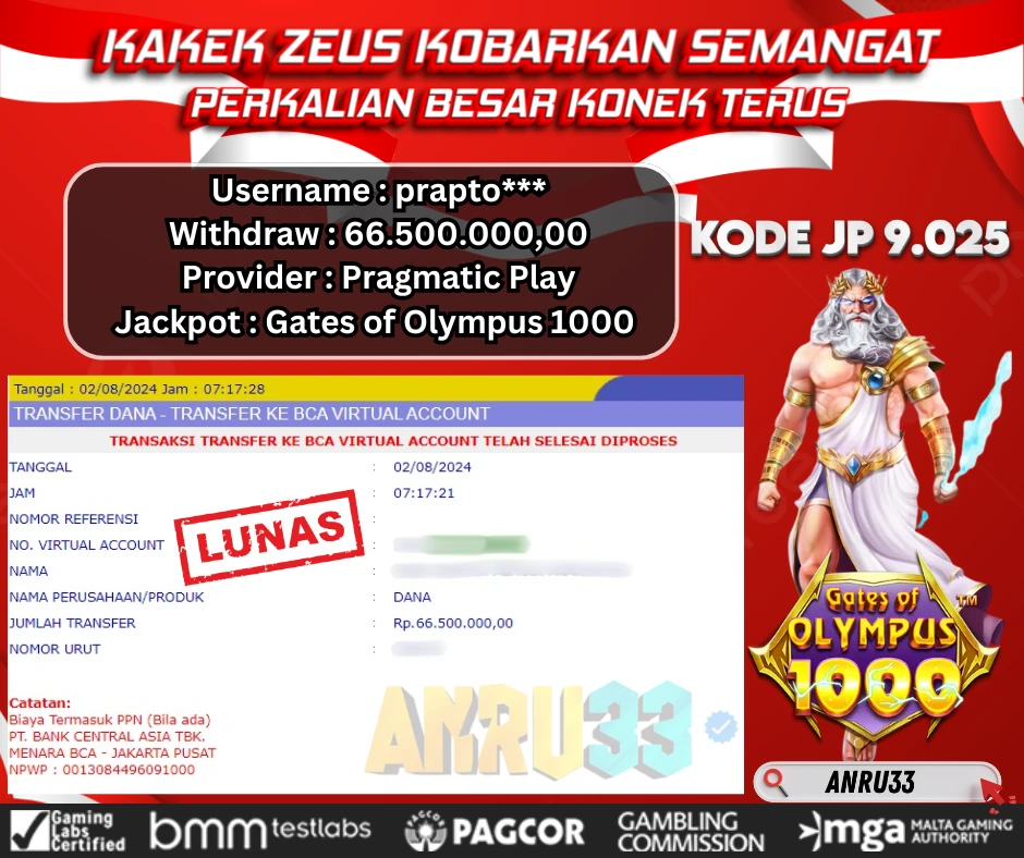 ANRU33 JACKPOT SLOT Gates of Olympus 1000 Rp 66.500.000,00- DIBAYAR LUNAS