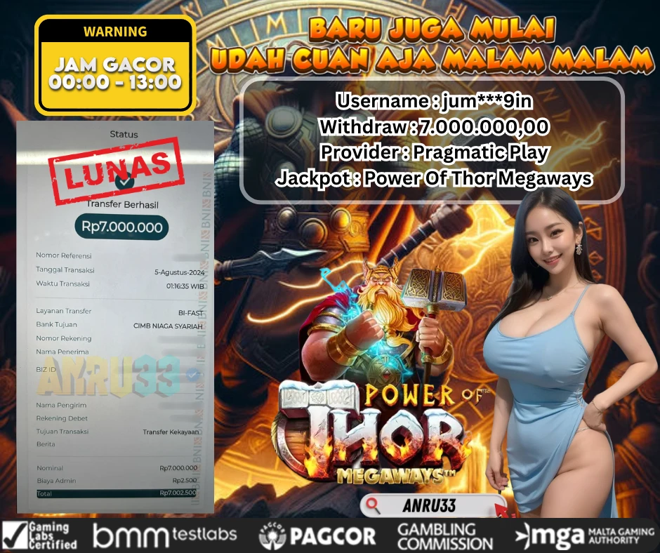 ANRU33 JACKPOT SLOT Power Of Thor Megaways Rp 7.000.000,00- DIBAYAR LUNAS