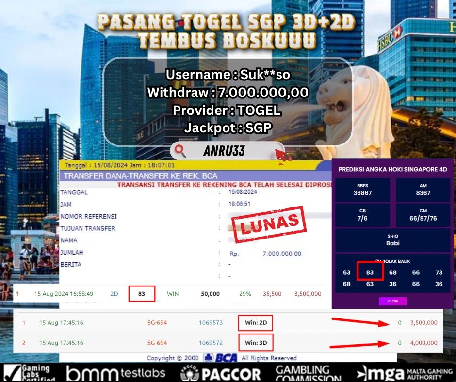 ANRU33 JACKPOT TOGEL SINGAPORE Rp 7.000.000,00 - DIBAYAR LUNAS