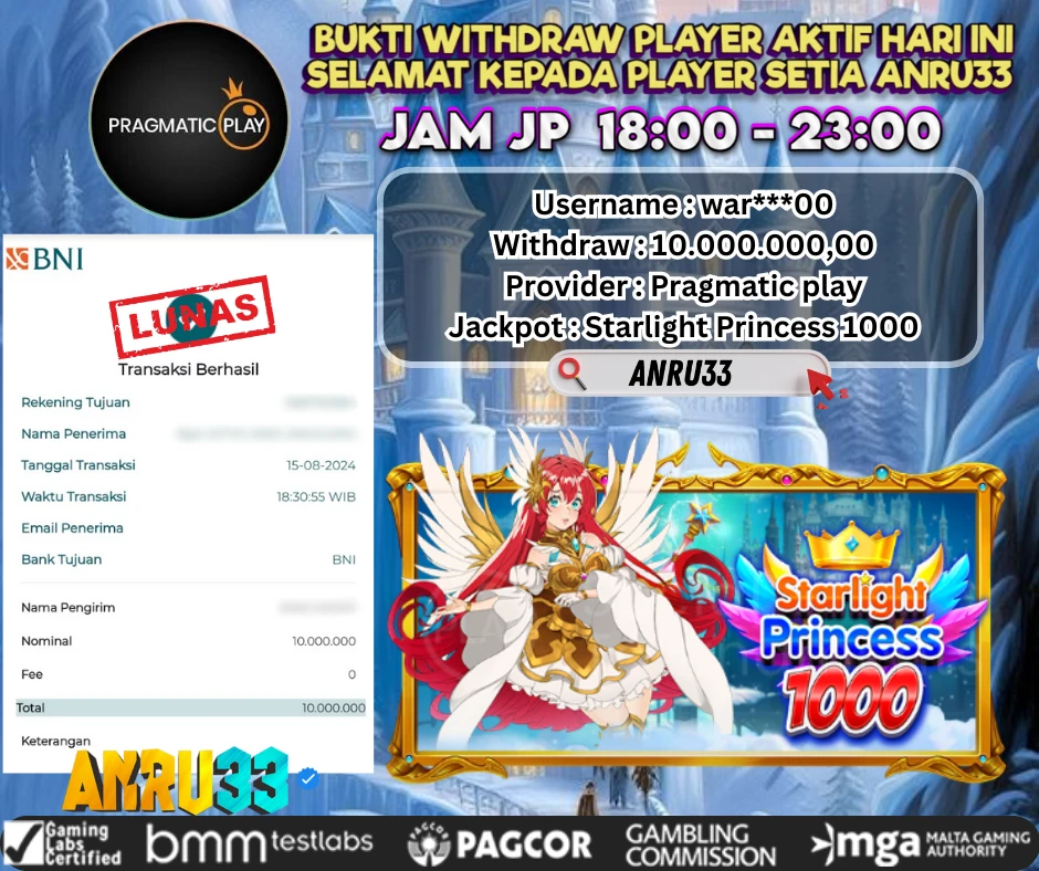 ANRU33 JACKPOT SLOT Starlight Princess 1000 Rp 10.000.000,00 - DIBAYAR LUNAS