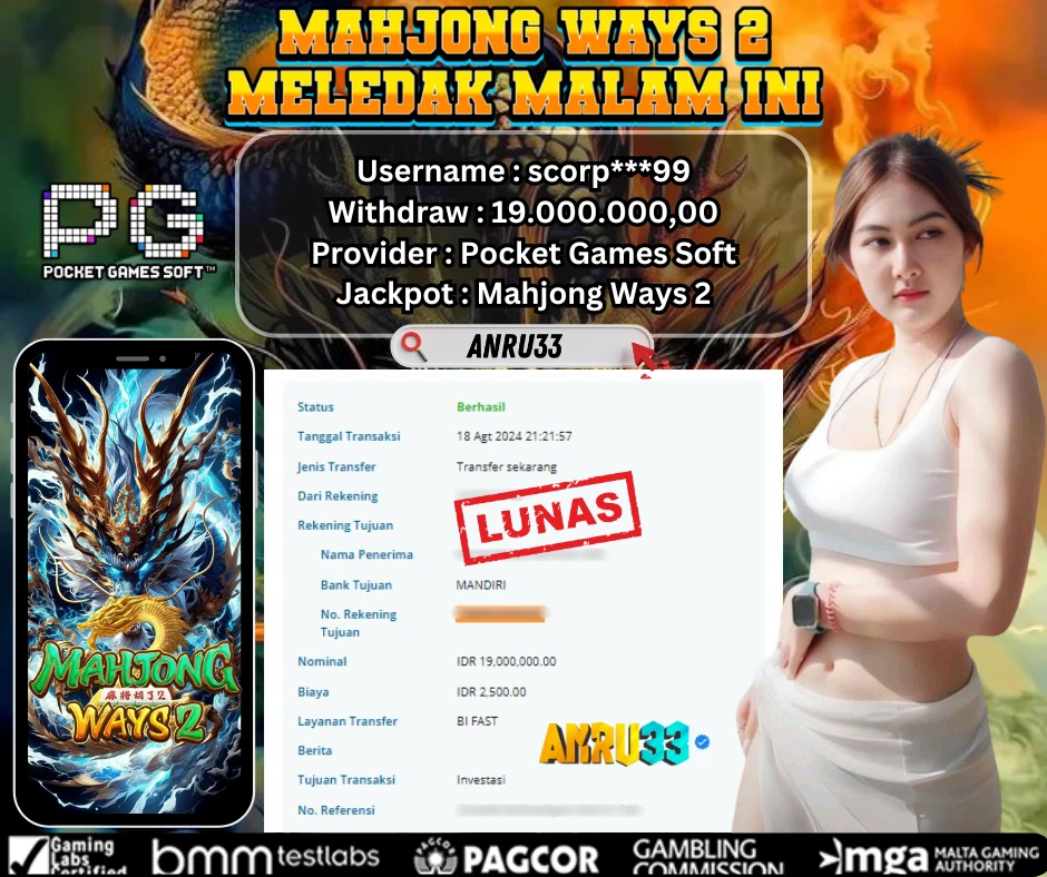 ANRU33 JACKPOT SLOT Mahjong Ways 2 RP 19.000.000,00 - DIBAYAR LUNAS