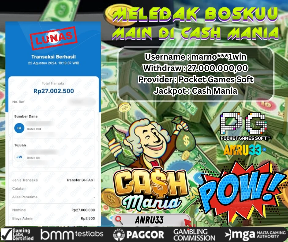 ANRU33 JACKPOT SLOT Cash Mania RP 27.000.000,00 - DIBAYAR LUNAS