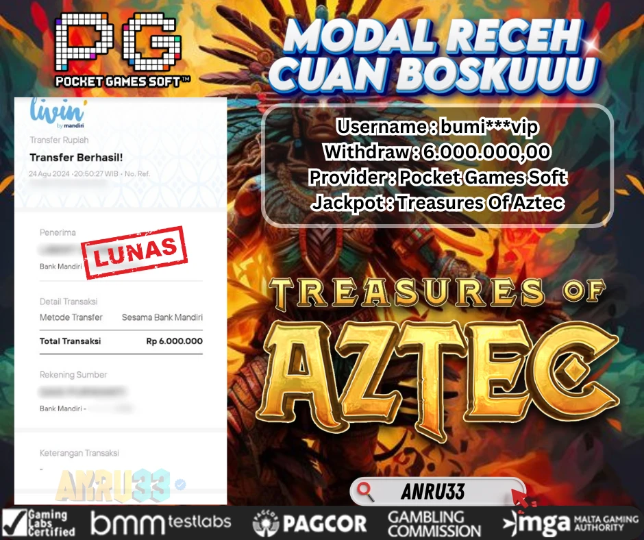 ANRU33 JACKPOT SLOT Treasures Of Aztec Rp 6.000.000,00- DIBAYAR LUNAS