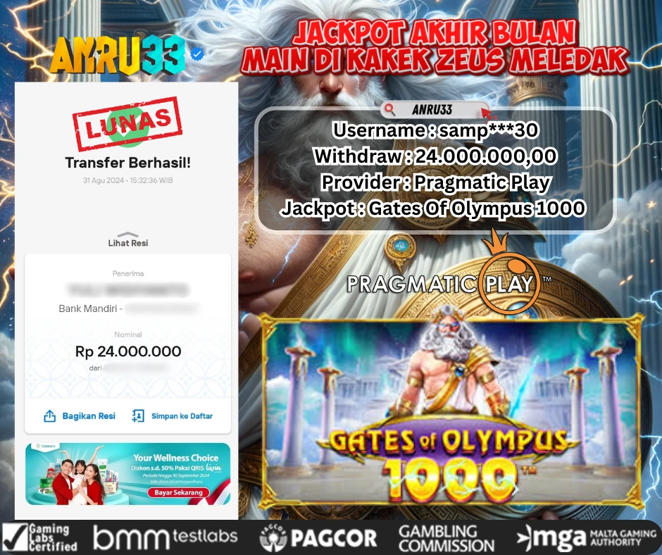 ANRU33 JACKPOT SLOT Gates Of Olympus 1000 Rp 24.000.000,00- DIBAYAR LUNAS