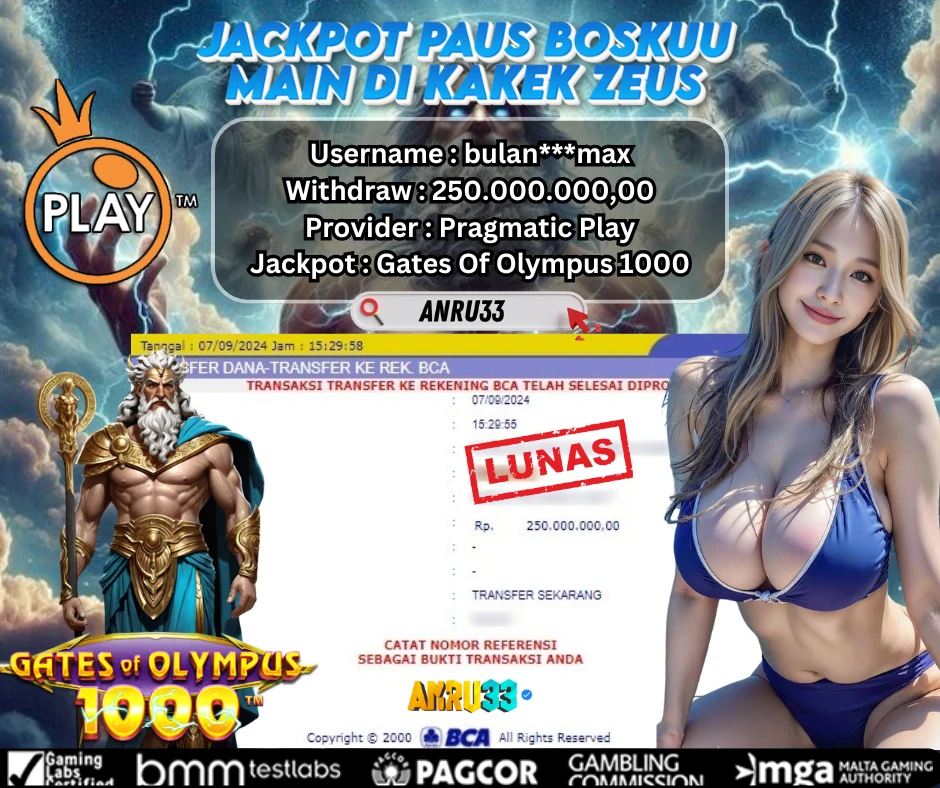 ANRU33 JACKPOT SLOT Gates Of Olympus 1000 Rp 250.000.000,00- DIBAYAR LUNAS