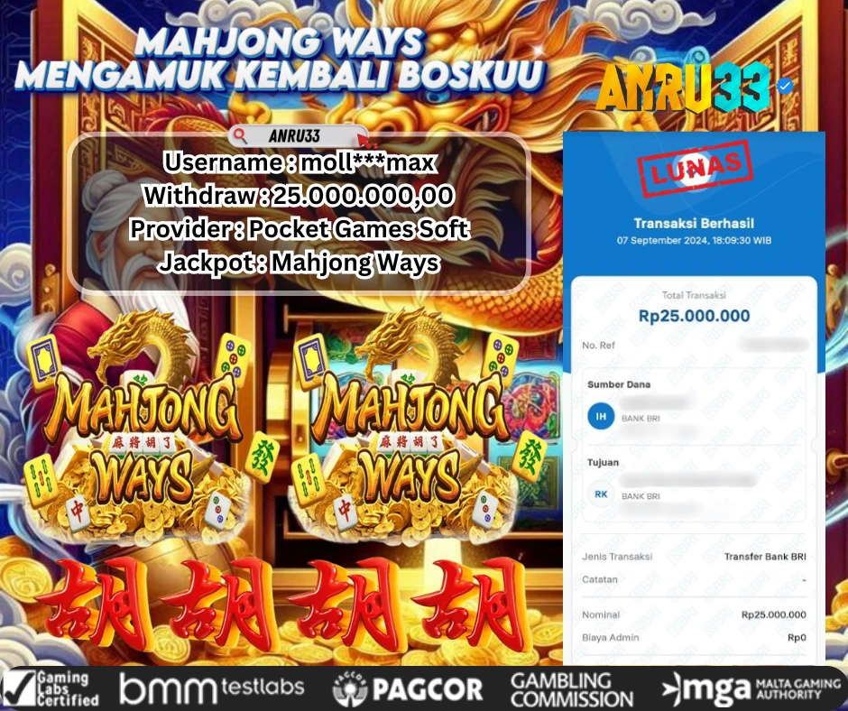 ANRU33 JACKPOT SLOT Mahjong Ways Rp 25.000.000,00- DIBAYAR LUNAS