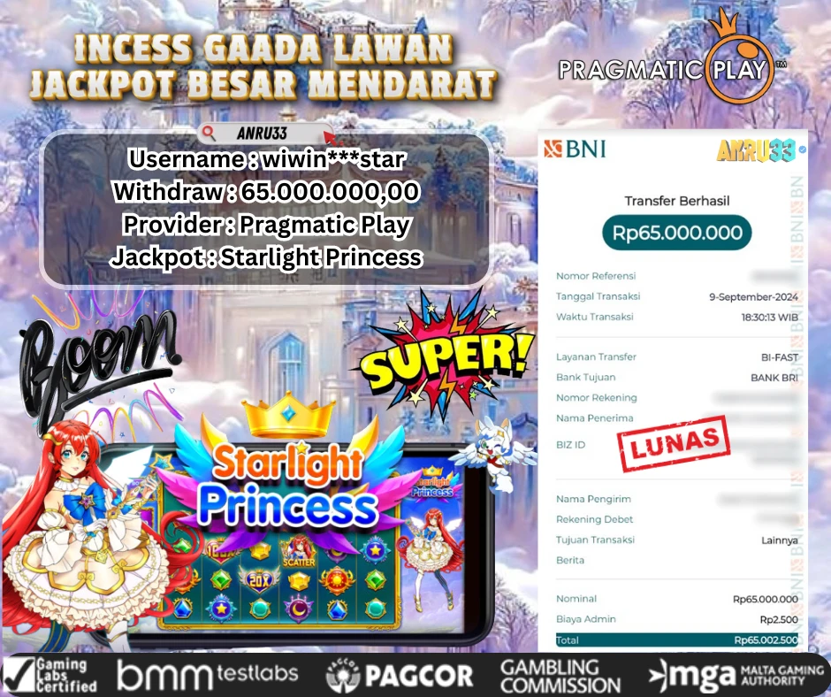 ANRU33 JACKPOT SLOT Starlight Princess RP 65.000.000,00 - DIBAYAR LUNAS