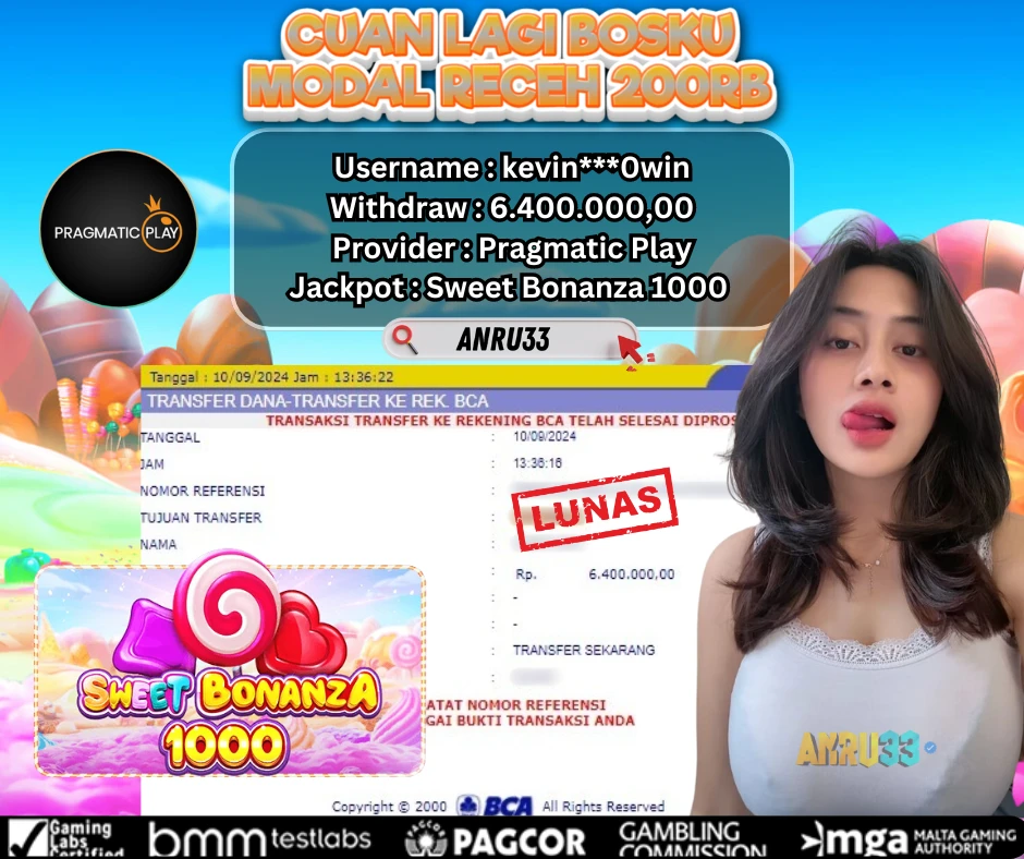 ANRU33 JACKPOT SLOT Sweet Bonanza 1000 RP 6.400.000,00 - DIBAYAR LUNAS