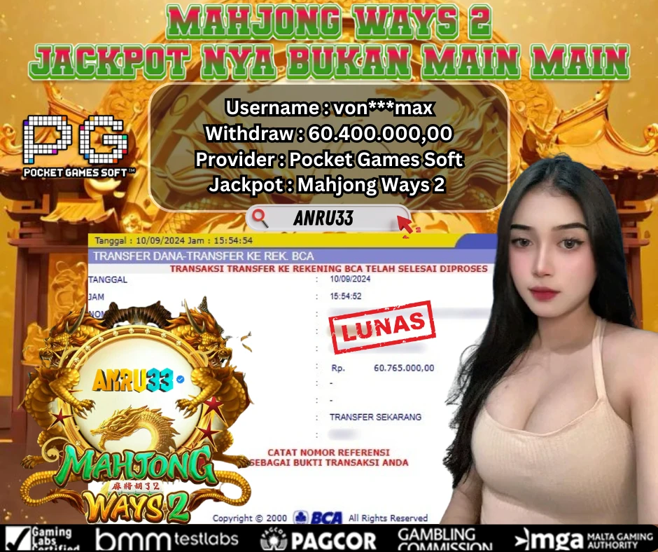 ANRU33 JACKPOT SLOT Mahjong Ways 2 RP 60.400.000,00 - DIBAYAR LUNAS