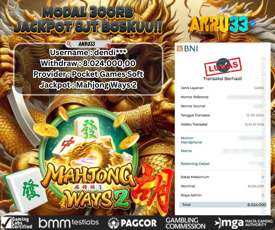 ANRU33 JACKPOT SLOT Mahjong Ways 2 RP 8.024.000,00 - DIBAYAR LUNAS